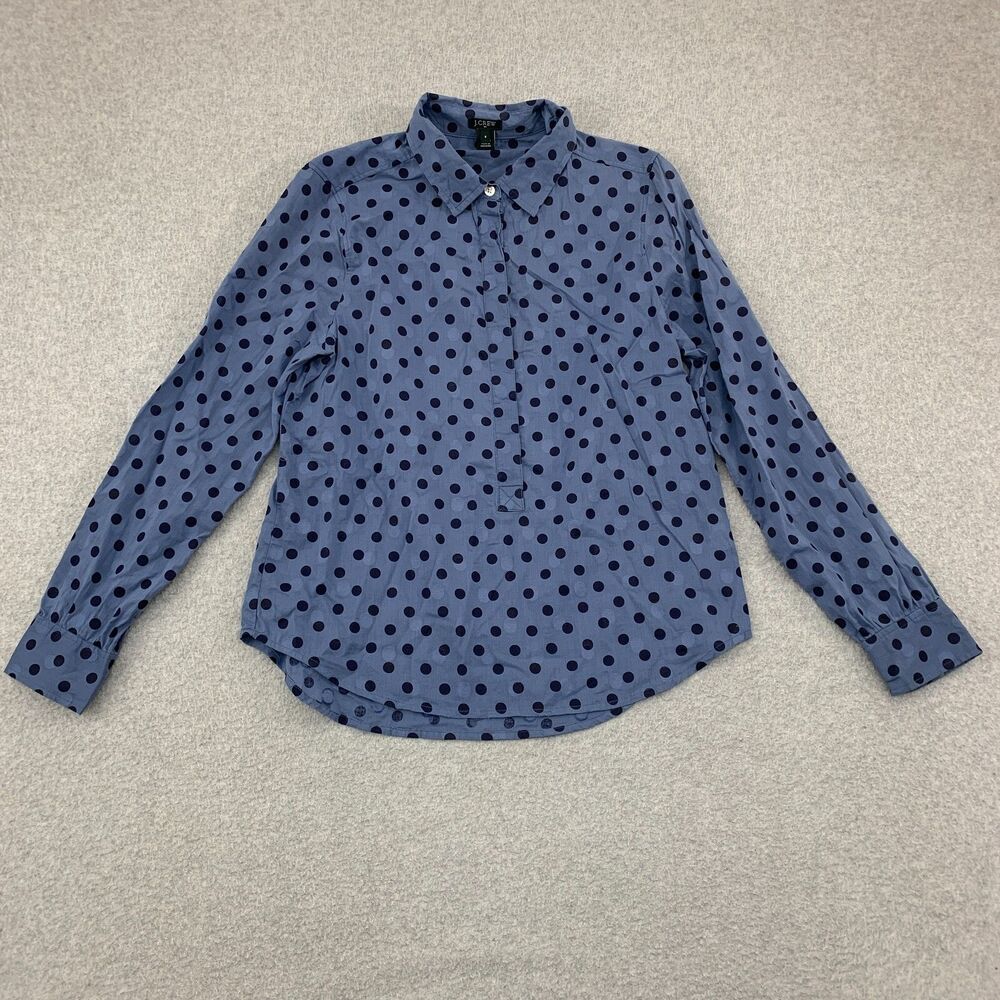 J.CREW Popover Shirt Womens Size 2 Polka Dot Jacquard Blue Sheer Career